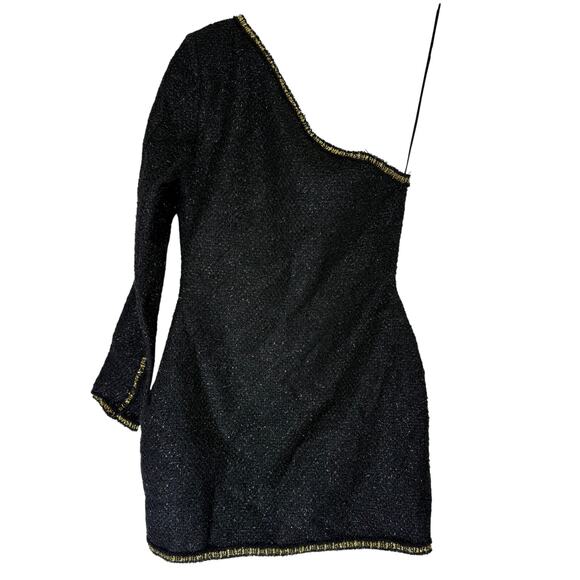 NWT Zara Black w/ Gold Detail Glittery Asymmetric One Shoulder Mini Dress Size S - Picture 4 of 9